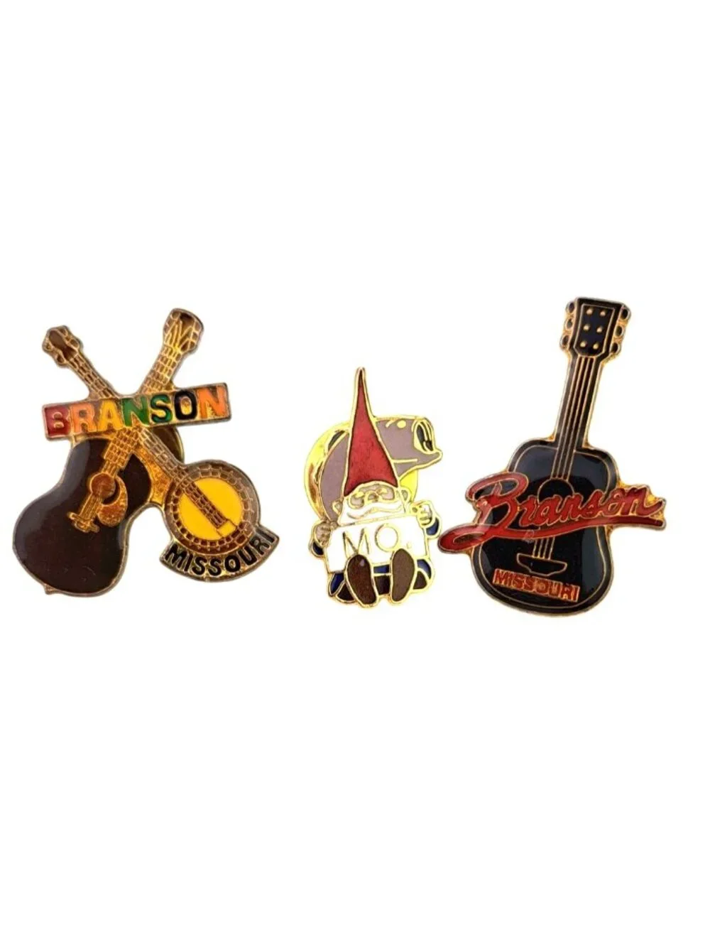 Vintage Branson Missouri Souvenir Lapel Pins Set Of 3 Guitar Gnome Banjo Fish